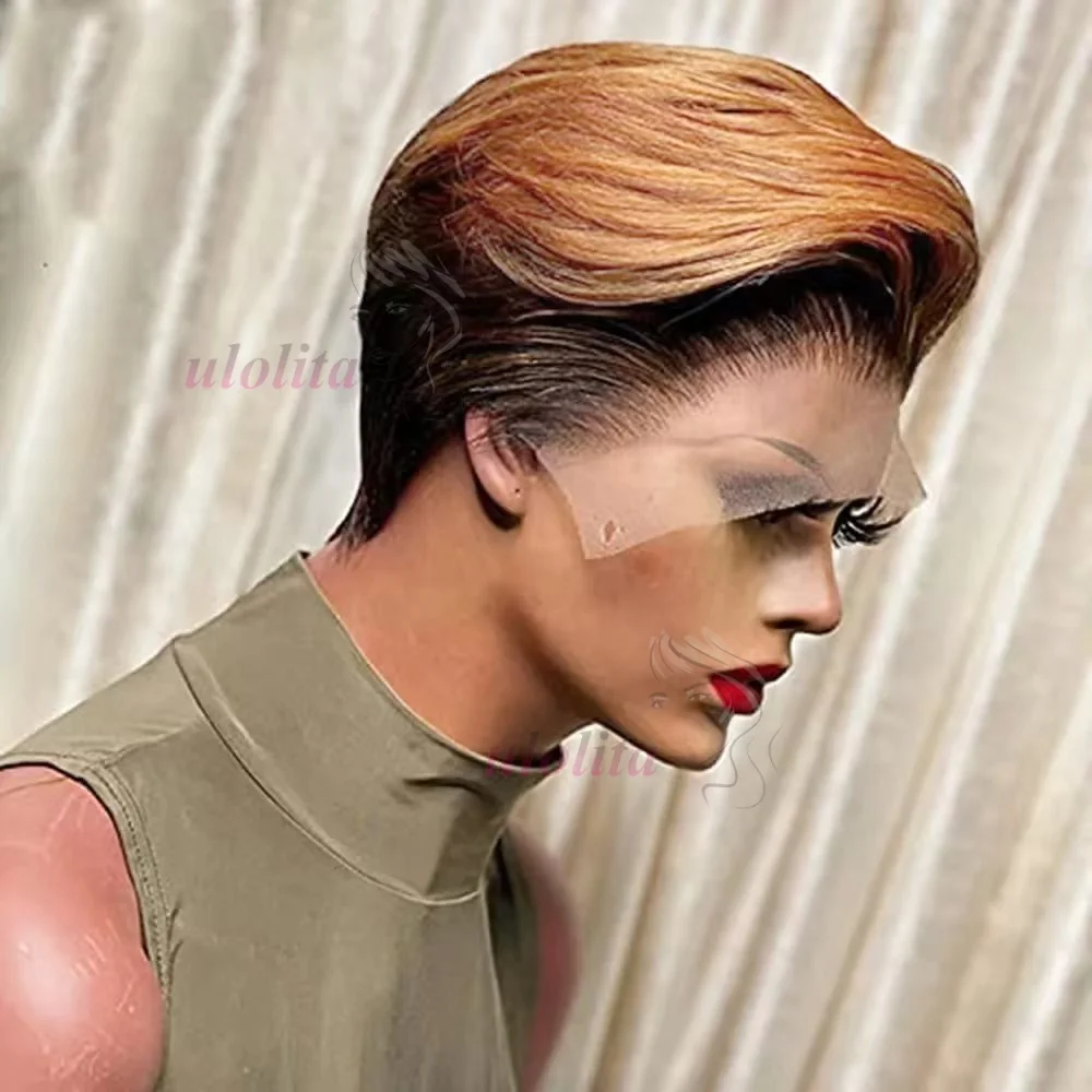 1B 30 Blonde Kurze Bob-Pixie-Cut-Perücke, glattes Echthaar, transparente Spitzenperücke für schwarze Frauen, gerade kurze Bob-Perücke, 150% Dichte – Detail 3