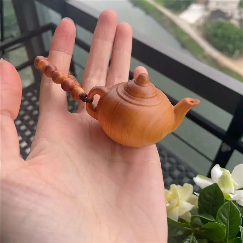 Carved Oriental Teapot Palm Stone - Vintage Chinese Thuja Wood Fidget Sculpture, Scholar's Desk Zen Decor