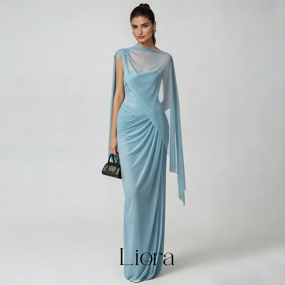 Liora Customized Strapless Evening Gown Draped Chiffon Shawl Halter Ruched Court Train Elegant Evening Wedding Guest Formal Gown