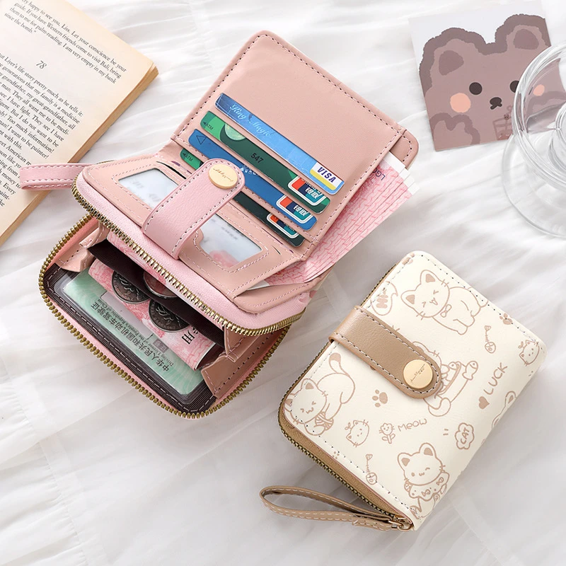 Short Wallet Card Holder Id Card Holder Student Coin Purse Coin PouchMinimally Designed Cat Printed Buckle Wallet for Woman