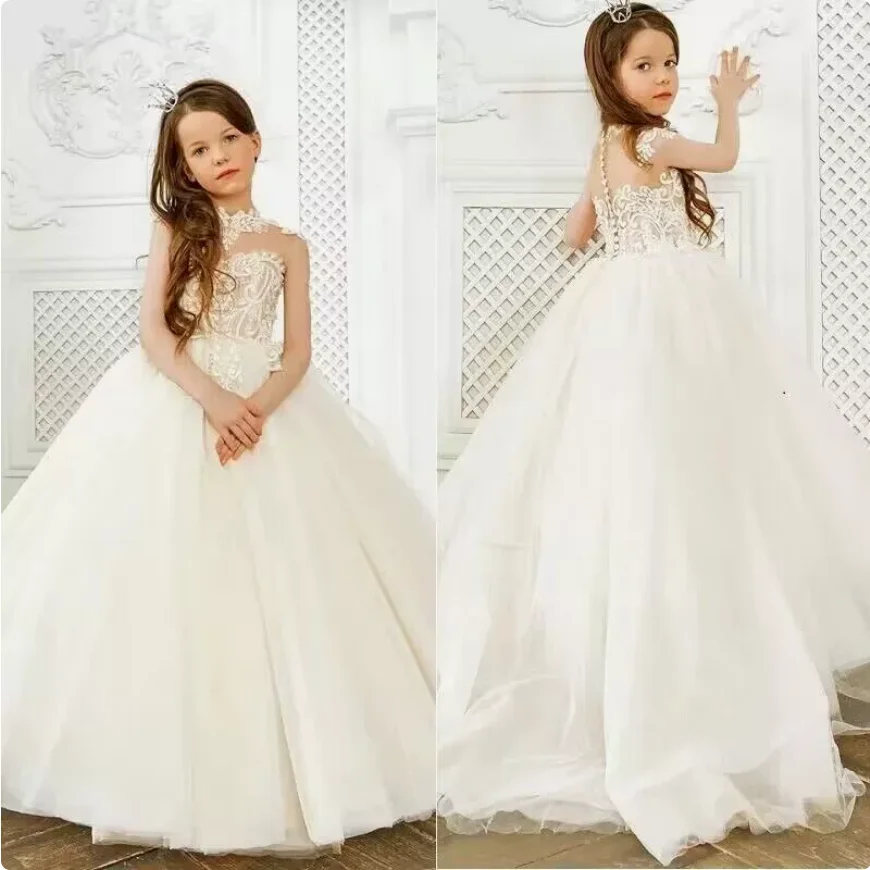 Girls Halter Sleeveless Lace Tulle Floor Length Ball Gown Ivory Flower Girl Dress Wedding Baptism Pageant Kids Formal Dress