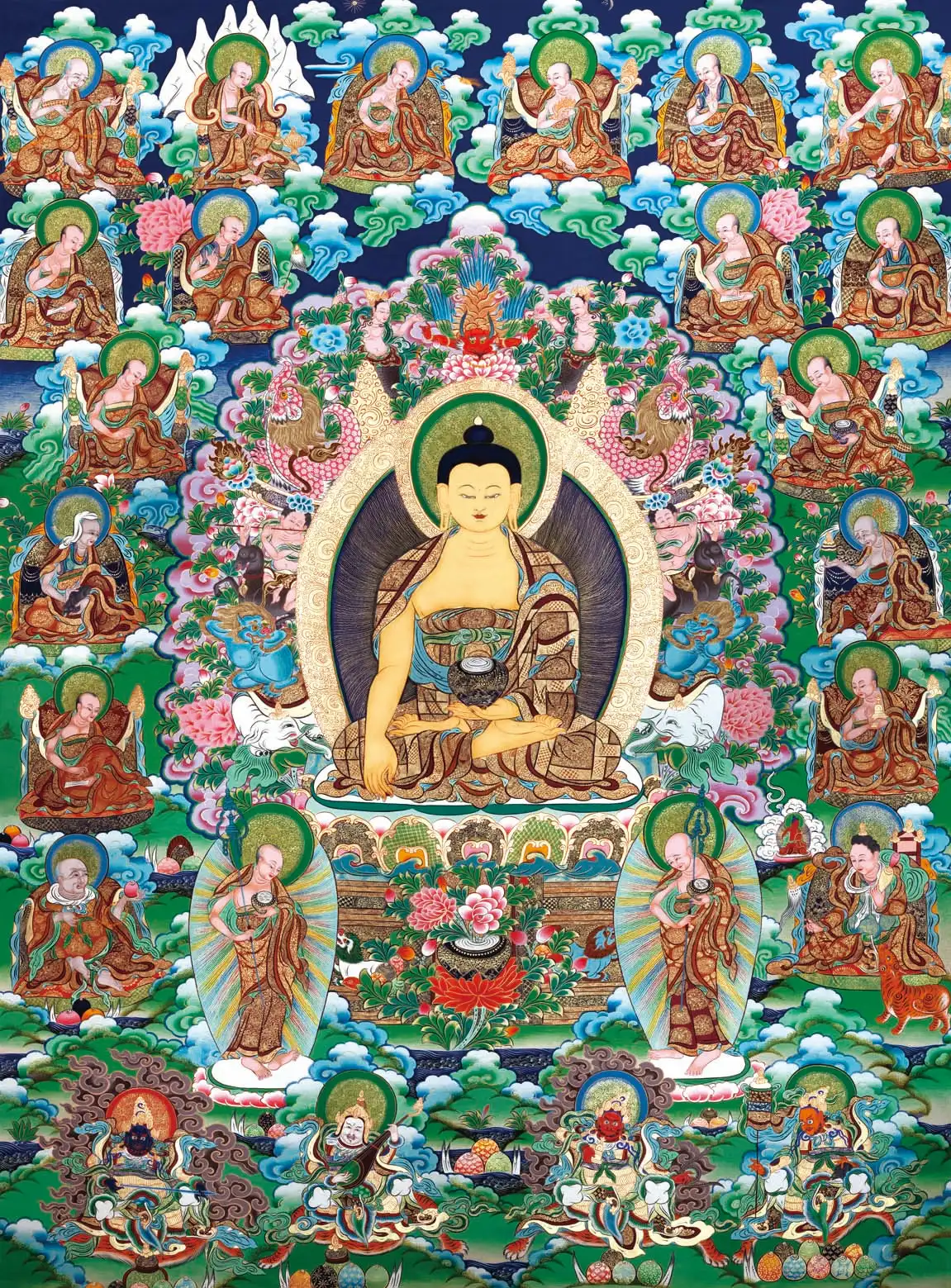 

Shakyamuni Thangka (and Eighteen Arhats),Gandhanra Tibetan Buddhist Thangka Art,Giclee Printed and Hand Framed,47" × 32"