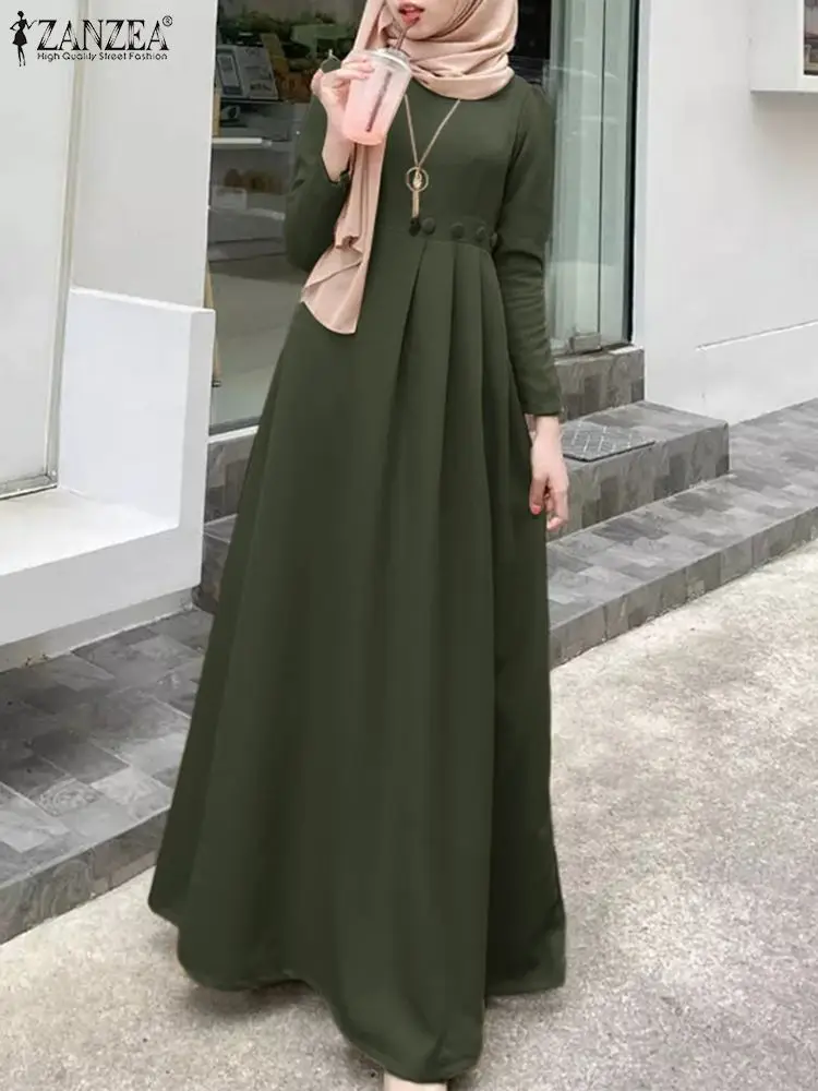 ZANZEA Women Muslim Long Dress Spring Full Sleeve O-Neck Solid Sundress Casual Loose Vestidos Elegant Robe Turkey Abaya Kaftan