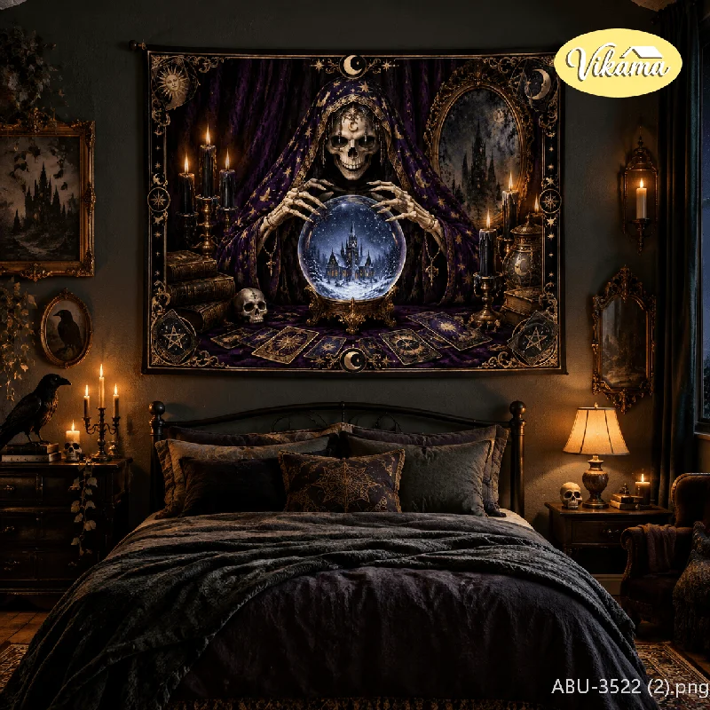 VIKAMA Gothic Prophecy Witch Skull Tapestry Purple Robe Witch Crystal Ball Background Cloth Living Room Party Wall Room Decor