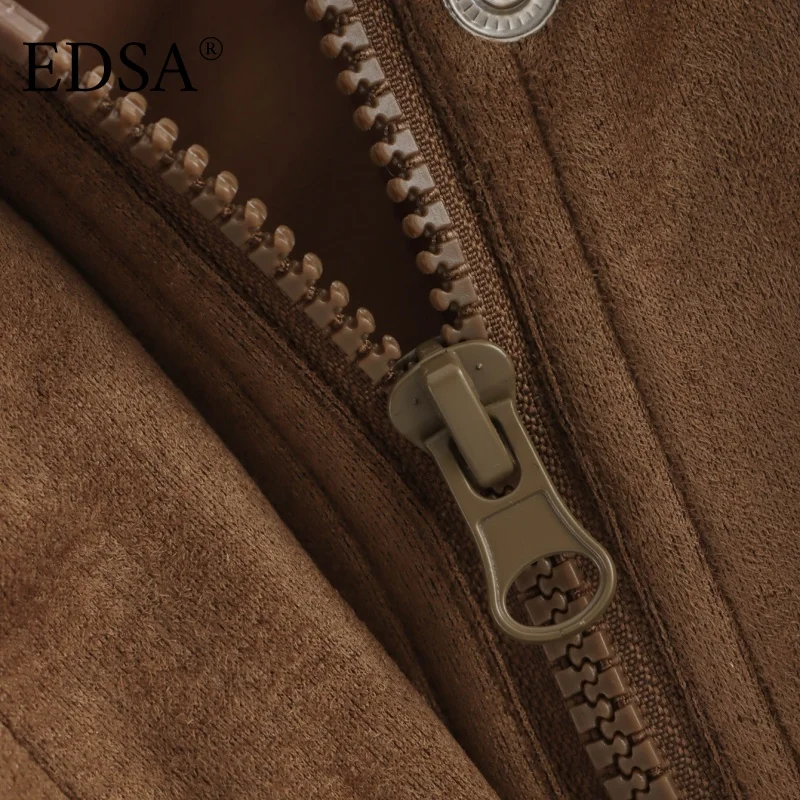 سترة نسائية من جلد الغزال من EDSA مع جيوب بغطاء قلاب وأكمام طويلة وسحاب جانبي ملابس خارجية للخريف للسيدات في الشارع