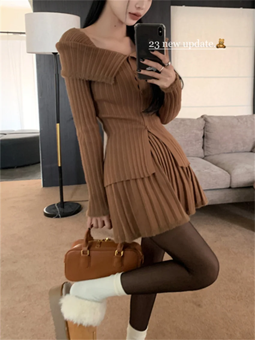 PLAMTEE Sexy Girls Women Suits Knitted Chic Solid Stylish Spring Slim Sweaters High Waist Mini Skirts Elegant Office Lady