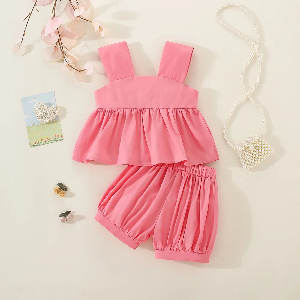 Baby Girl Outfit Set Summer Korean Style Fashion Sweet White Big Bow Solid Color Suspender Tops And Pink Loose Casual Shorts