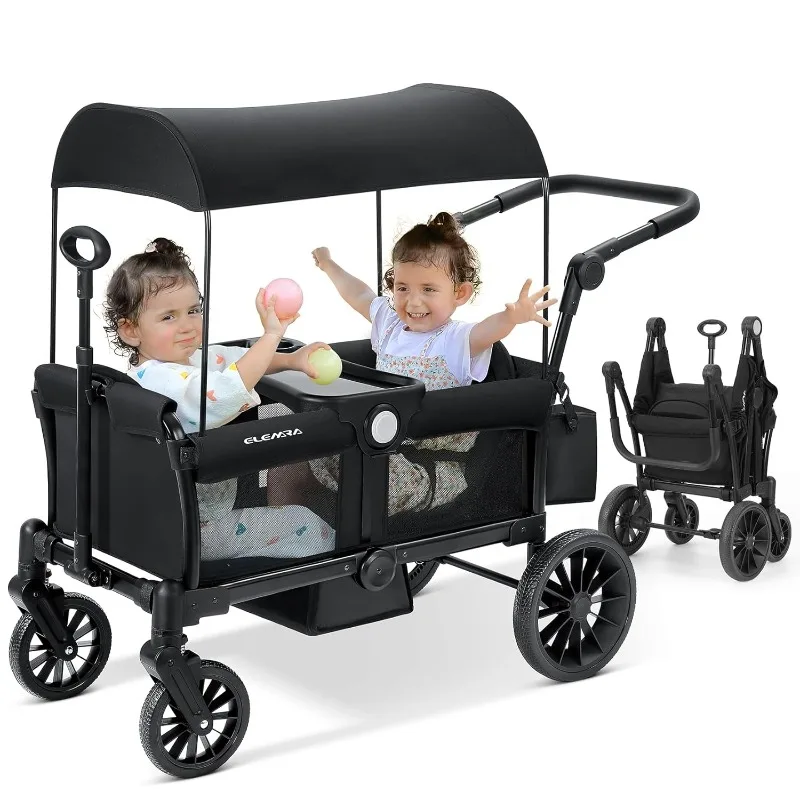 Wagon Stroller for 2 Kids, Premium All-Terrain Stroller Wagon, Collapsible Kids Wagon with Canopy, Adjustable Push/Pull Handle