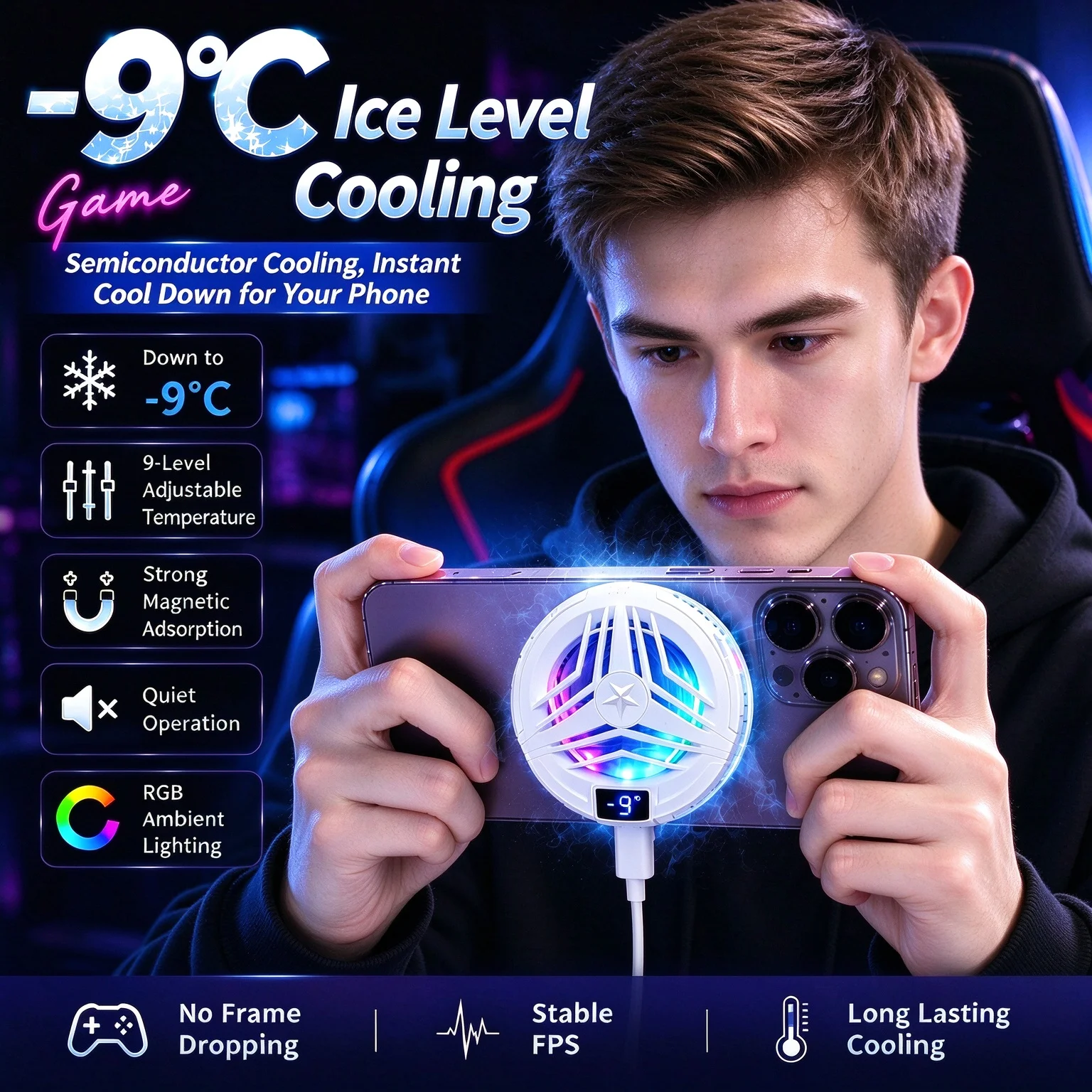 Phone Tablet Cooler Gaming Magnetic Clip Semiconductor Cooling Fan With Digital Display RGB Lights For Redmagic Xiaomi Huawei