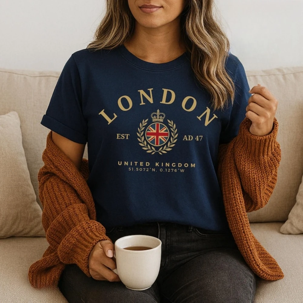 لندن خمر نمط تي شيرت لندن إنجلترا قميص المملكة المتحدة هدية بلايز المملكة المتحدة تذكارية التي شيرت المرأة موضة Crewneck القطن المحملة