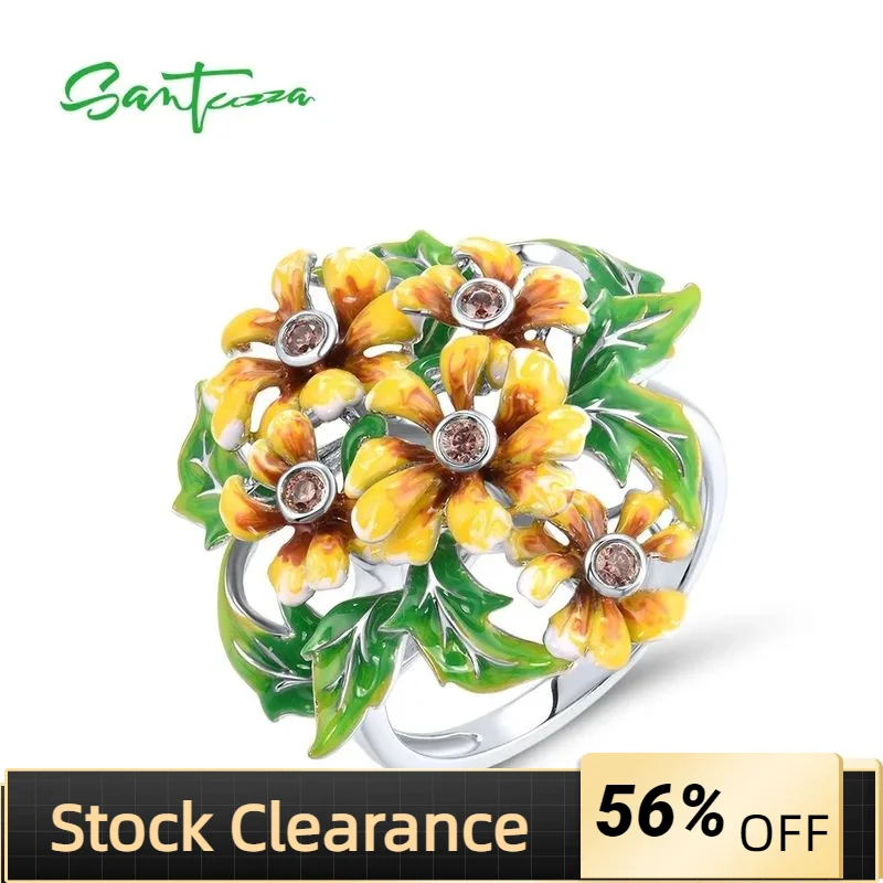 

SANTUZZA Pure Silver Ring For Women 925 Sterling Silver Glamorous Enamel Yellow Flowers Green Leaf Delicate Party Fine Jewelry