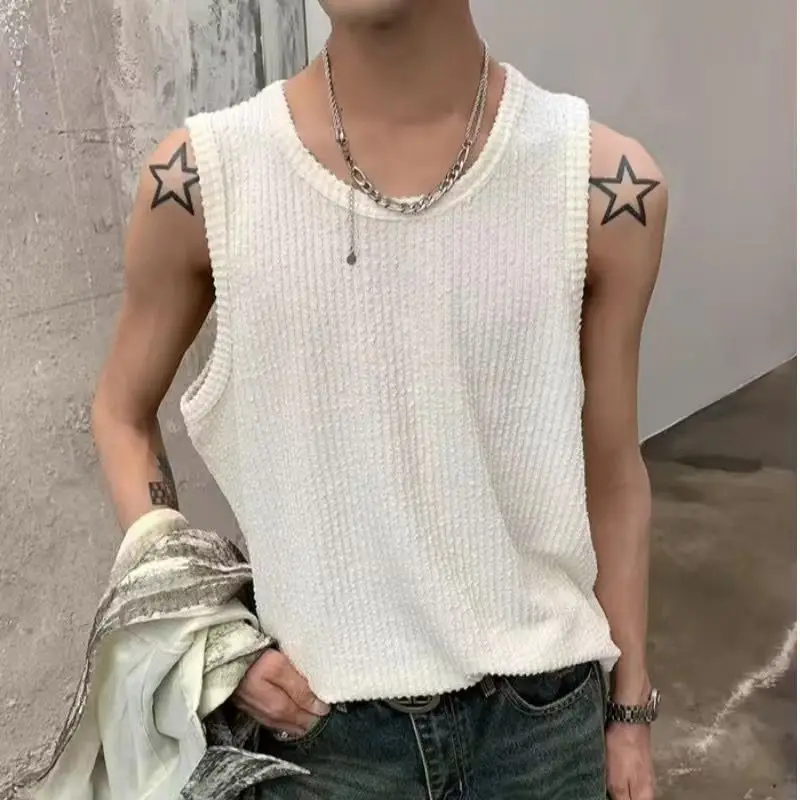 

Simple solid color thick striped versatile knitted vest men's sleeveless women's Korean style casual summer cotton singlet tops