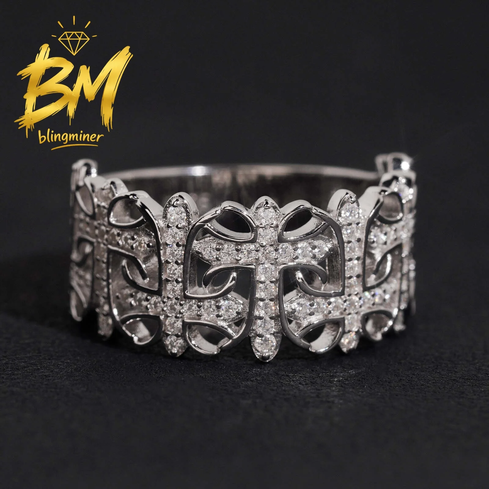 Blingminer Fashion Iced Out Cross VVS Moissanite Rings For Men S925 Silver Finger Jewelry Pass Diamonds Tester Free Shipping