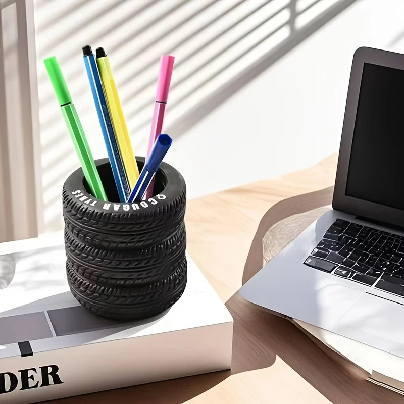 1/2 Piece Tire-Shaped Pen Holder Ornament, Durable Black Pvc Desk Organizer with Letters, Suitable for School and Office, Great Holiday Gift, New Year Gift