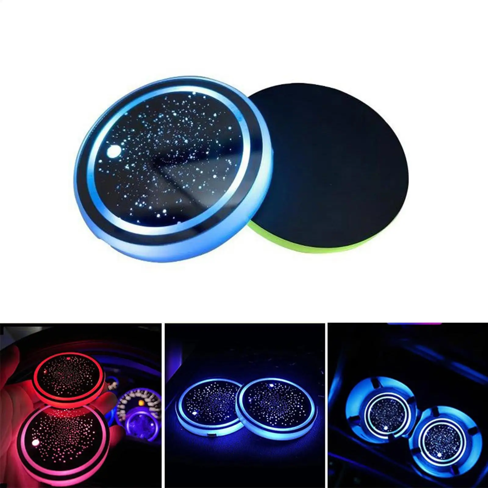 Rechargeable 7 Color Light Up Coasters 3 Mode LED Interior Ambient Light Cup Holder Insert Water Coasters Cup Pad Decoration