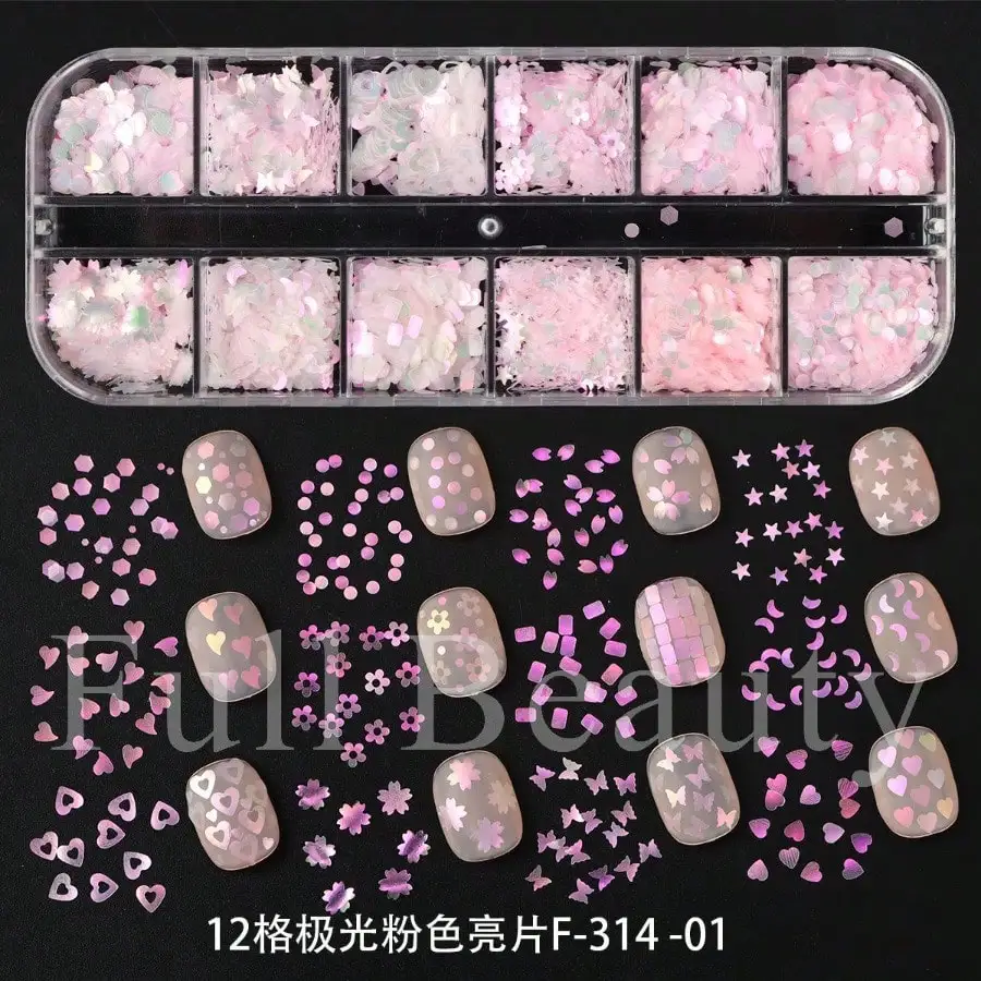 

New 12-Grid Glitter Nail Sequins, Cherry Blossom & Heart Nail Art Decorations