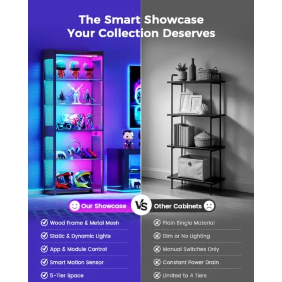 5-Tier Display Case with Glass Shelves and LED Lights view 3