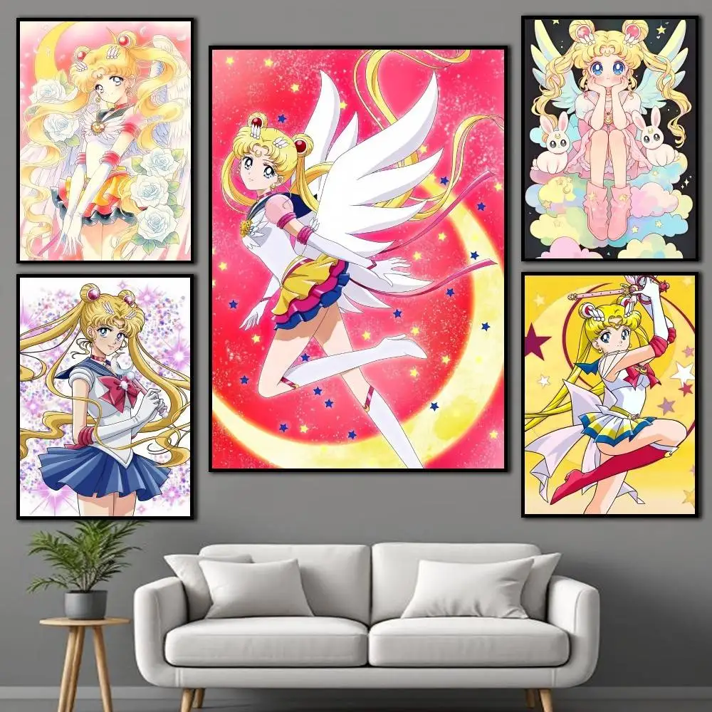 Sailor-Moon SuperS Usagi  Poster Self-adhesive Waterproof Paper Sticker Coffee House Bar Room Wall Decor