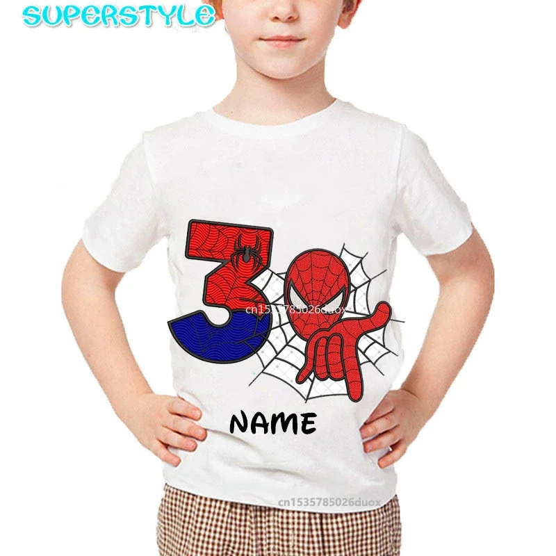 2 3 4 5 6 7 8 9 Year Birthday Marvel Spiderman Girls Shirts Kid Personalize Name Birthday Boy Summer Short Sleeved White T-shirt