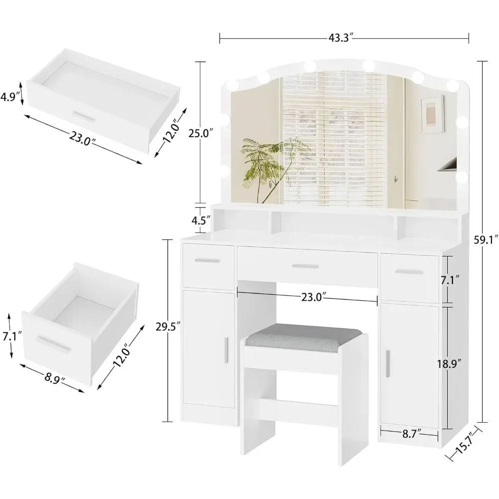 Makeup Vanity with Lights,with 3 Drawers,2 Cabinets & Long Storage Shelf,Dressing Vanity Table with Stool, Suitable for bedrooms image 5