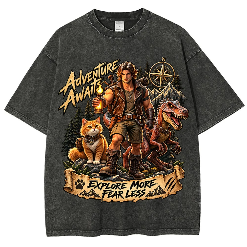 Men Adventure Awaits Graphic T Shirt Explorer Dinosaur Cat Print Vintage Casual Short Sleeve Top Outdoor Travel Streetwear Tee