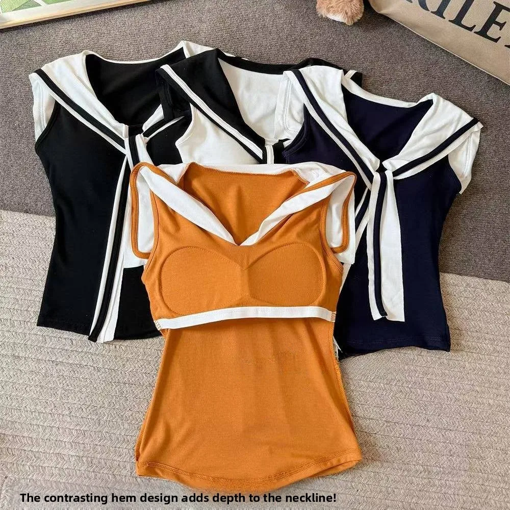 Summer New Sweet Style V-neck Tie Waist Sleeveless Vest Slimming Fixed Strap Chest Pad Color Block Design Women's Tank Top