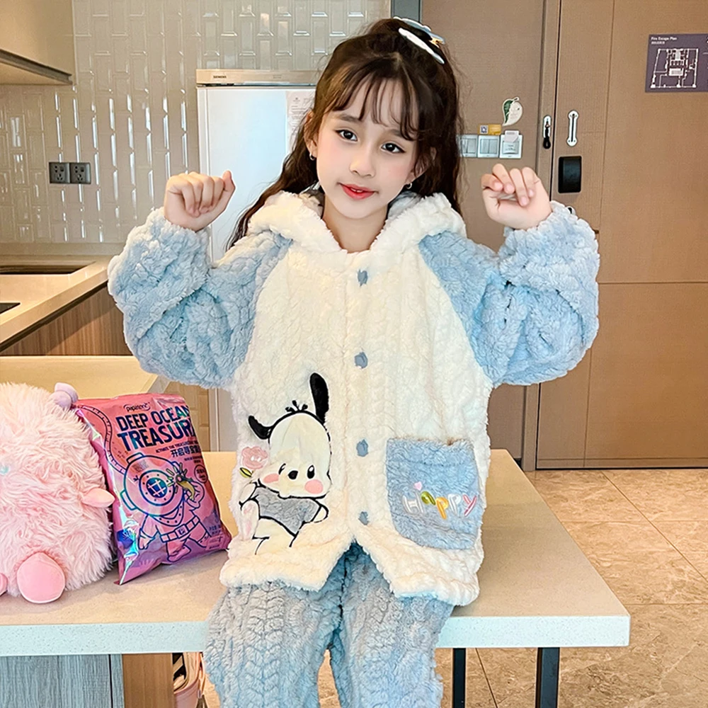 Anime Sanrioed Kids Coral Velvet Pajama Cinnamoroll Kuromi Melody Autumn Winter Kawaii Girl Warm Sleepwear Loungewear Homewear