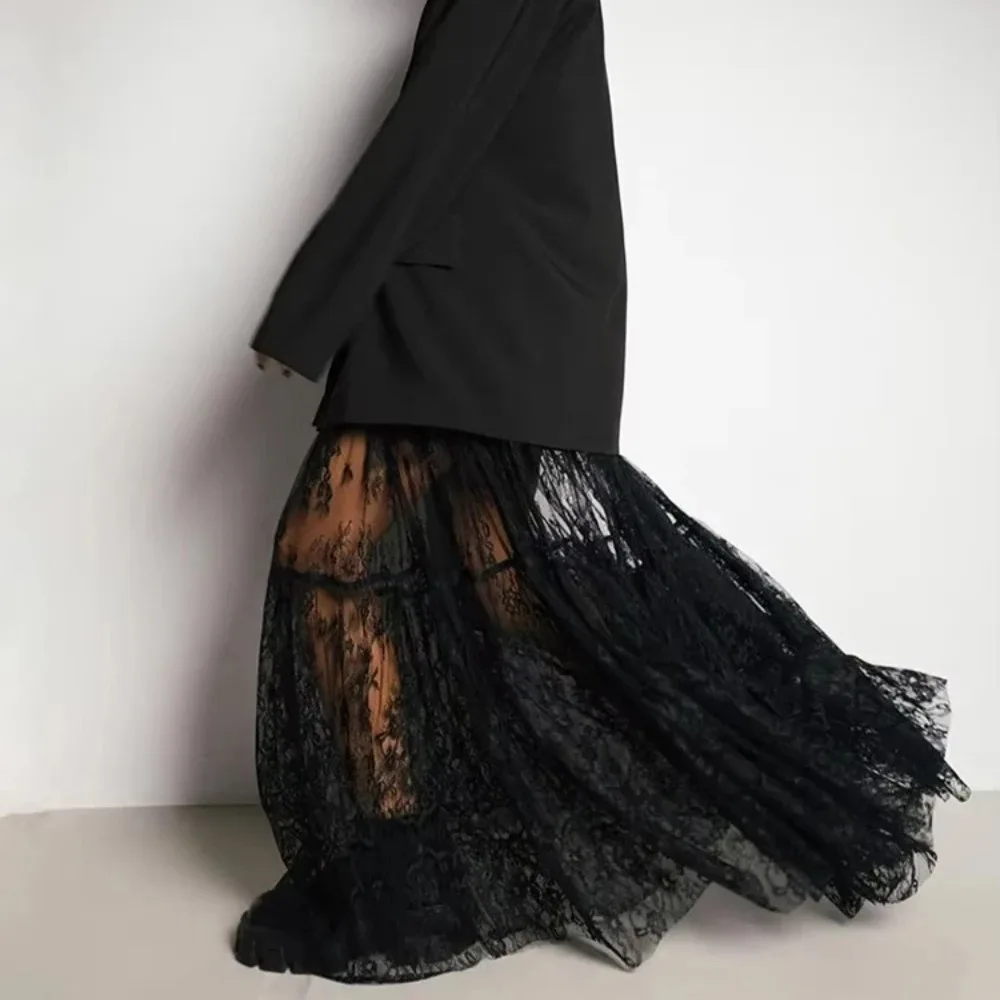 

Весна-лето 2022, женские сексуальные макси-кружевные юбки, однотонная расклешенная длинная юбка с высокой талией для женщин, винтажная струящаяся нижняя юбка трапециевидной формы