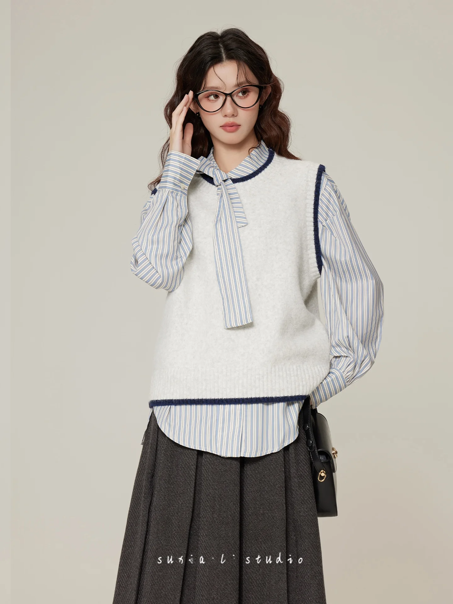 

Autumn Winter Knitted Sweater Vest Striped Shirt Half Skirt Set Women's Fashion College Style Layering Casual Wear Ensemble