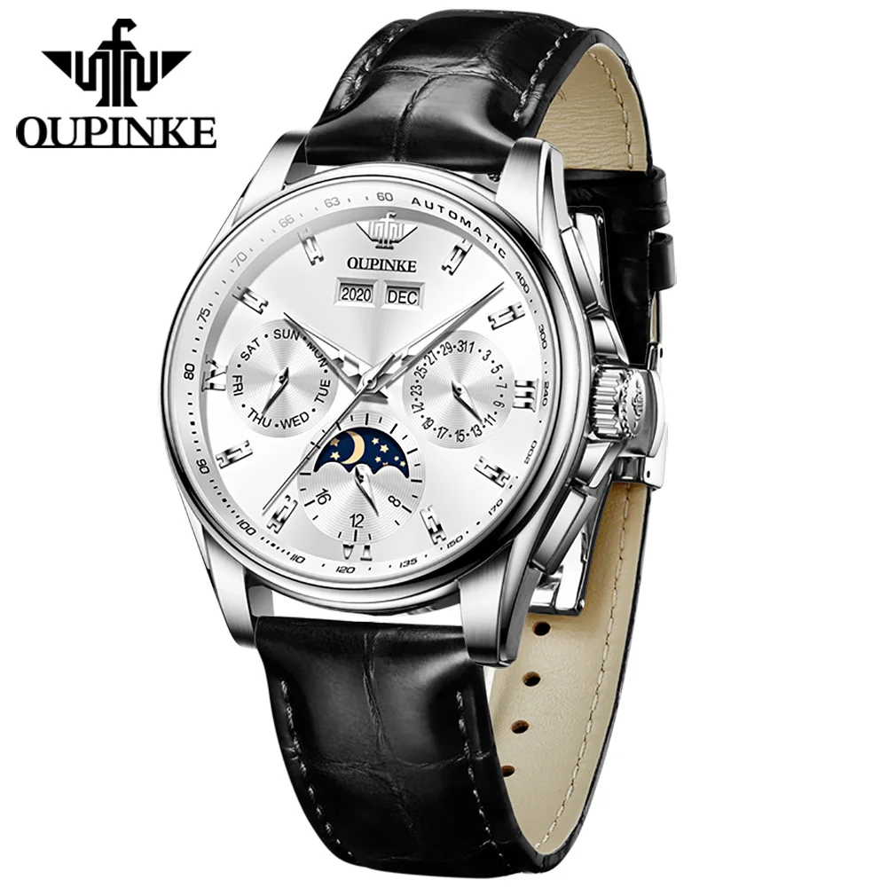 OUPINKE Mens Fully Automatic Mechanical Watch Leather Strap Waterproof Moon Phase Chronograph Top Luxury Original Man Watch 3189