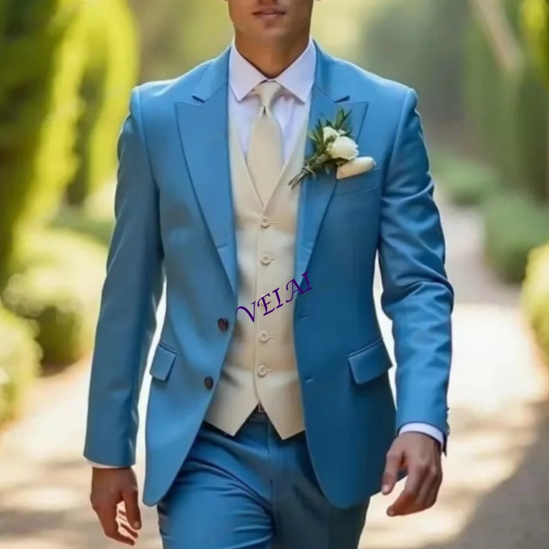

New Blue And Beige Formal Business Men Suit Groom Groomsman Wedding Party Prom Male Tuxedos 3 Piece Set Blazer Vest Pants