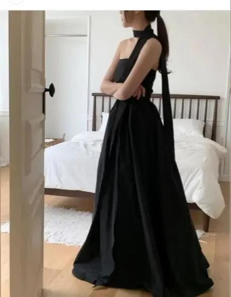 OLOEY Simple Black Taffate Evening Dresses Photoshoot Wedding Dress Short Sleeves Prom Gowns Corset Back Custom Made