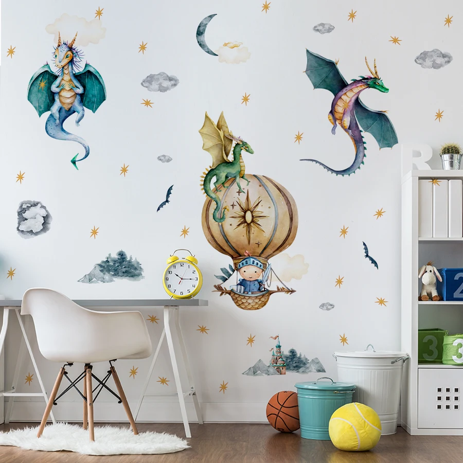 

Наклейка на стену с изображением мультяшного дракона, фантастическое настенное искусство, съемная самоклеящаяся виниловая наклейка для спальни, детской комнаты, наклейки на стену