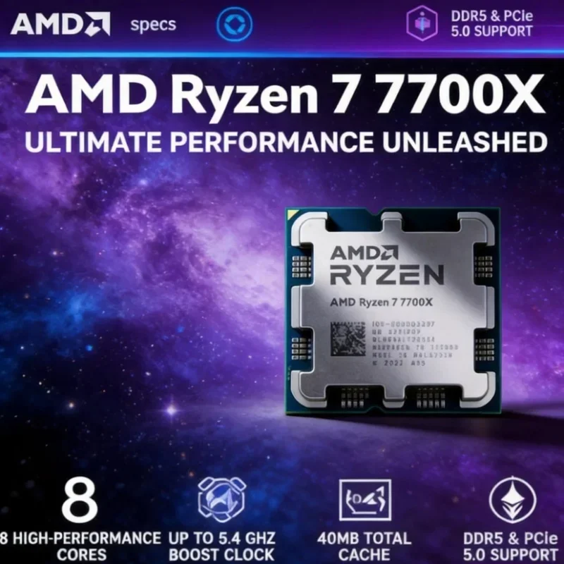 

AMD Ryzen 7 7700X Bulk Wholesale Tray Processor 8 Core 16 Thread 5.4GHz Max Boost 32MB L3 Cache AM5 Gaming CPU No Cooler