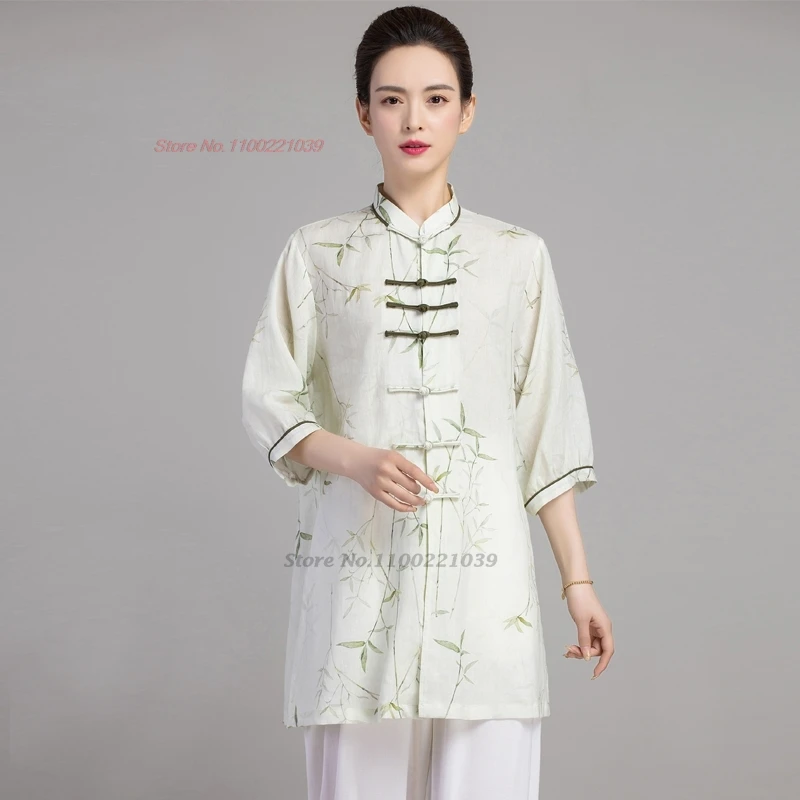 

2025 китайская униформа для боевых искусств тай-чи ушу, винтажный комплект из хлопка и льна с цветочным принтом, кунг-фу, тай-чи, тренировочная практика