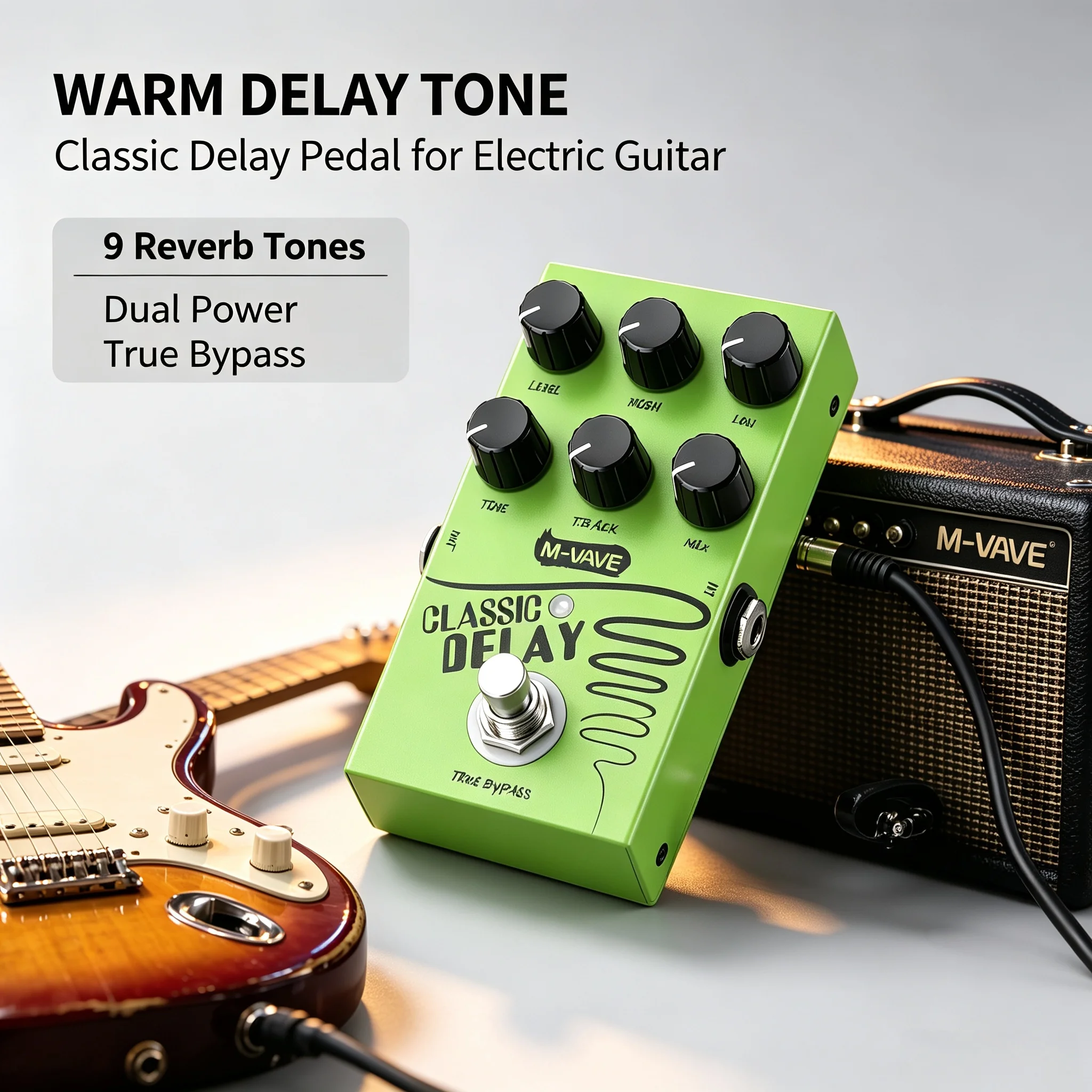 M-VAVE Classic Delay Reverb Pedal for Electric Guitar/Bass, 9 Studio Modes, True Bypass, Metal Compact Design