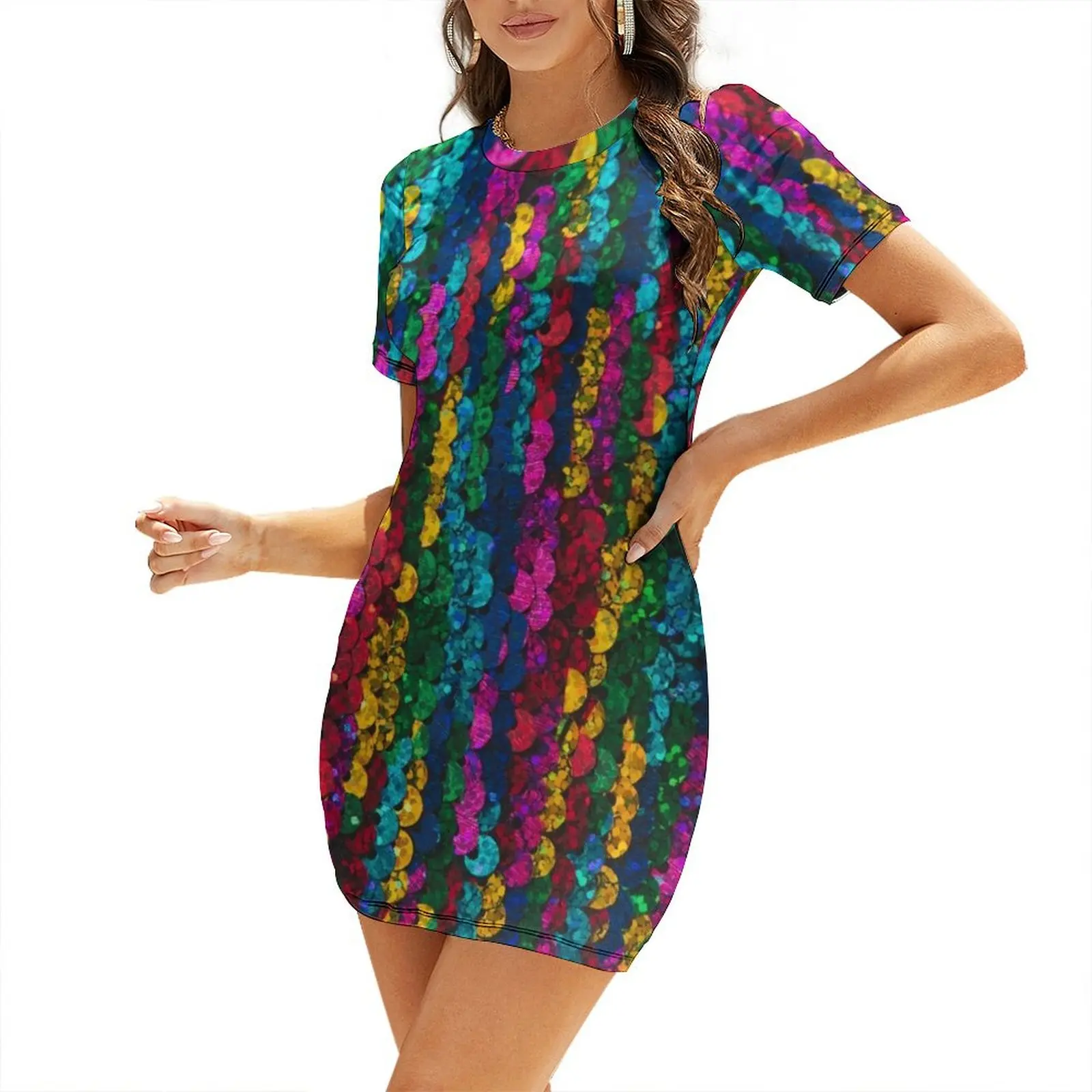 

Multi Color Sequins Short-Sleeved Dress chic and elegant woman dress long sleeve dresses Women's skirt Woman fashion Dress