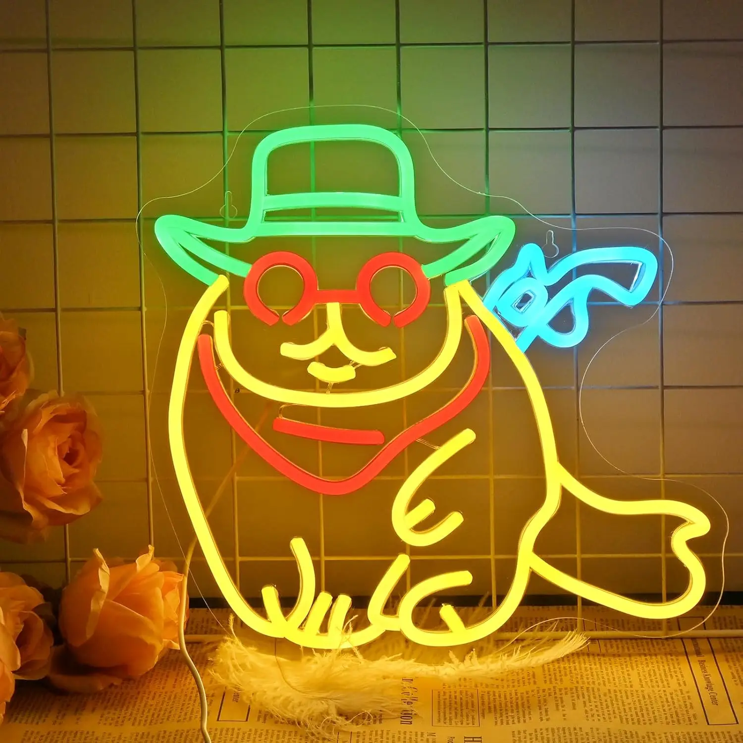 

Cool Cowboy Cat Neon Sign with Gun LED Neon Light for Wall Decor Adjustable Brightness for Kids Bedroom Gme Room Birthday Party