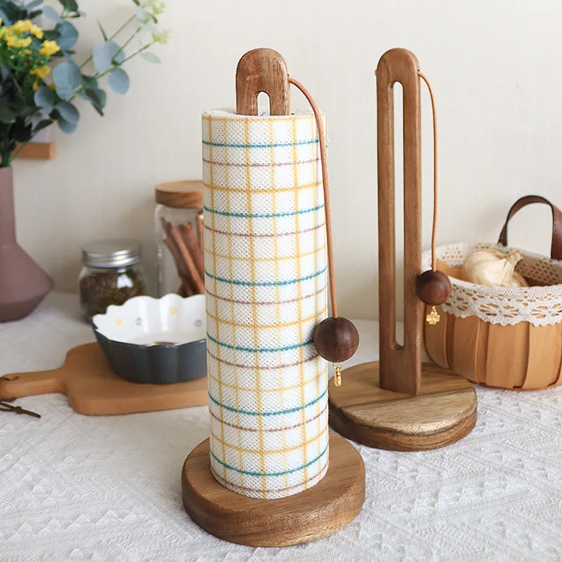 Solid Wood Paper Towel Holder Kitchen Punch-free Roll Paper Storage Rack Rag Plastic Wrap Bag Vertical Storage Rack