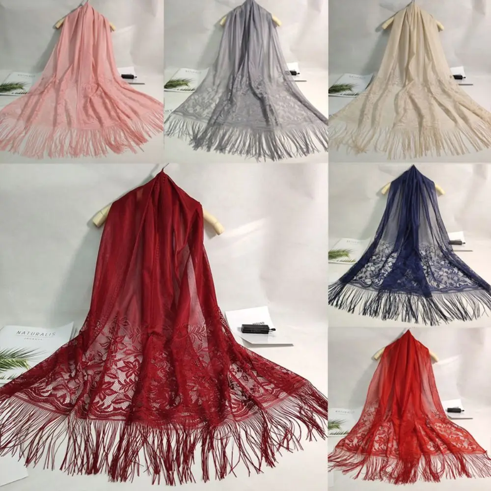 Lace Silk Scarf Ladies Pure Color Hollow Jacquard Tassel Scarf Indoor Shawl Travel Sunscreen Scarf Long Women Shawl