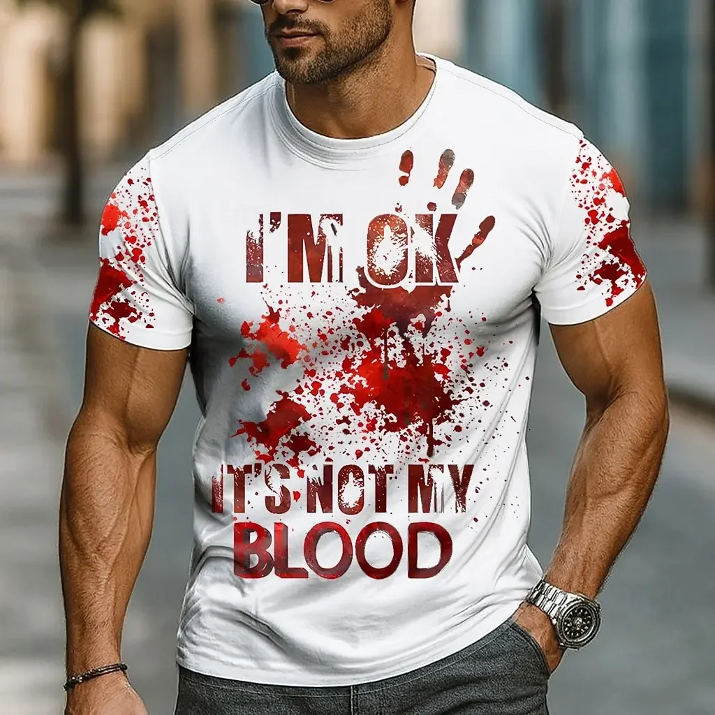 Fashion Men I'm OK It's Not My Blood T-Shirt Halloween T Shirt Funny Horror Blood Splatter Short Sleeve Top Novelty Tshirt