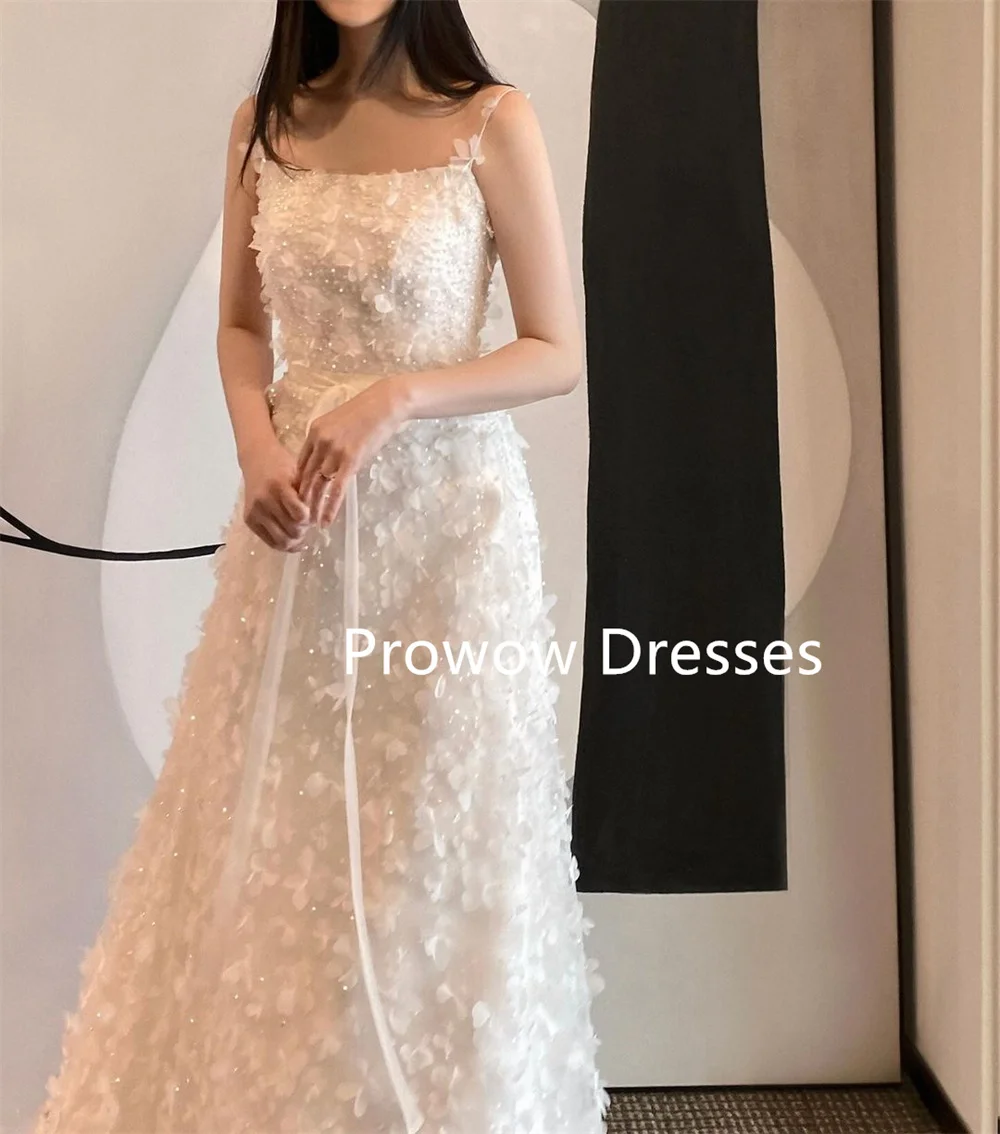 

Prowow Exquisite Ivory A Line Wedding Dress Korea Photoshoot Beads Lace Floor Length Bridal Gown Spaghetti Straps Customized