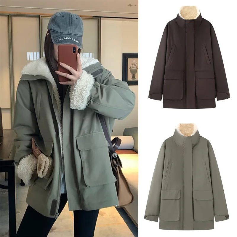 

Women's Waterproof Jacket Lamb Fleece Parka Spliced Double-Sided Loose Coat Autumn and Winter Warm Clothing