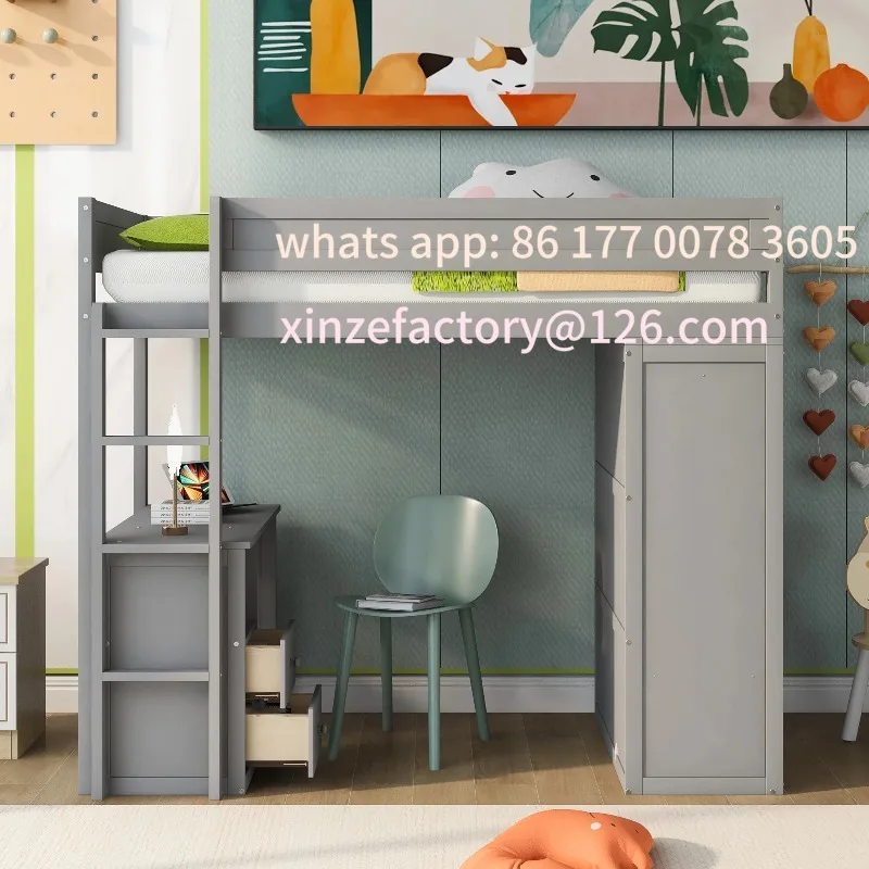 

Customizable Wood Twin Size Loft Bed With Wardrobes And 2-Drawer Desk With Cabinet In Gray Color