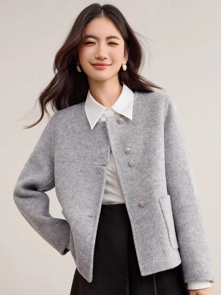 

SENTUBILA Women's Wool Coat Double-Faced Wool Round Neck Long-sleeve Short Coats 2025 Winter Loose-Fit Lady Clothing W54OF8763