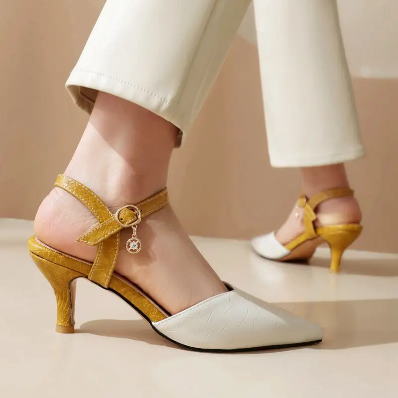 

SIMLOVEYO Sexy Women Sandals Pointed Toe Thin Heels 6cm Buckle Strap Plus Size 41 42 43 Mixed Color Fashion Dating Female Shoes