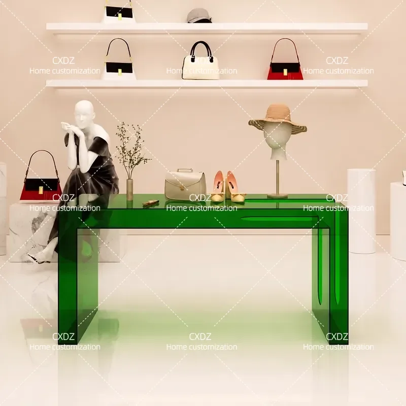 Acrylic Display Table for Clothing Store Shoe and Bag Product Showcase Transparent Waterfall Design Retail Merchandising