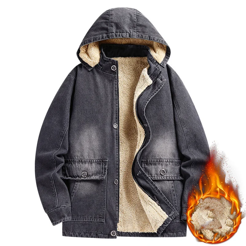 Men Autumn Winter Denim Jacket Vintage Contrast Color Hooded Male Plush Coat Single-breasted Long Sleeve Pocket Man Outerwear