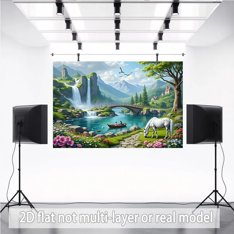 Romantic Alpine Waterfall Mountain Tapestry Wall Hanging Horse Landscape Scenic Cottage Bohemian Home Decor Digital Art Print