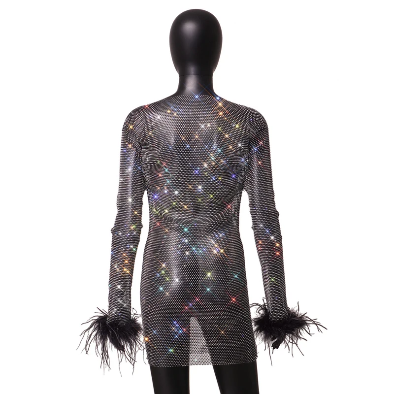 Damen Voll-Strass Netz-Bodycon-Minikleid mit Straußenfedern-Manschette, Langarm, Durchsichtig, für Nachtclub, Geburtstag, Abendveranstaltungen – Detail 7